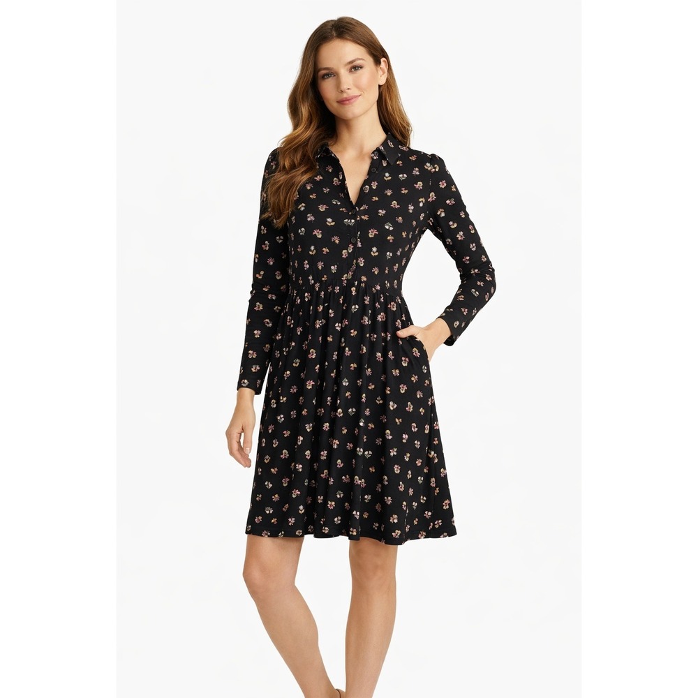 Boden Alma Ditsy Floral Jersey Dress 4R Black Long Sleeve Fit & Flare‎